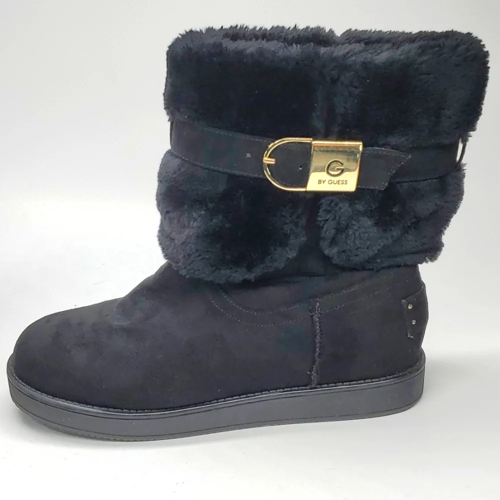 G By Guess Addalyn Black Faux Fur Ankle Strap Ankle Boot